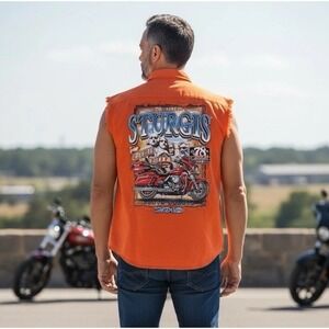 Sturgis Black Hills Rally 2018 Biker Sleeveless Button Shirt Orange Large